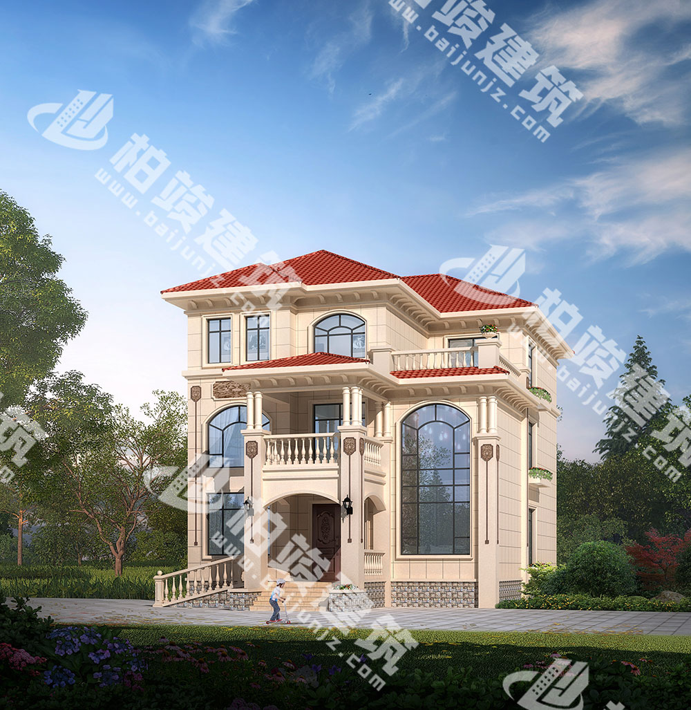 農村三層別墅設計圖紙，簡歐風格，帶雙層落地窗、輪椅坡道