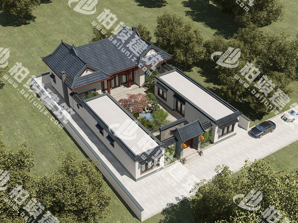 農村自建四合院設計圖，中式庭院帶池，五臥室設計