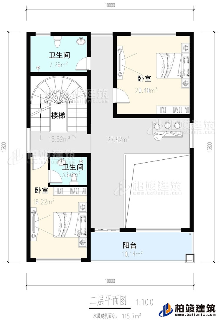 二層：2臥室，內(nèi)衛(wèi)，公衛(wèi)，樓梯，陽臺