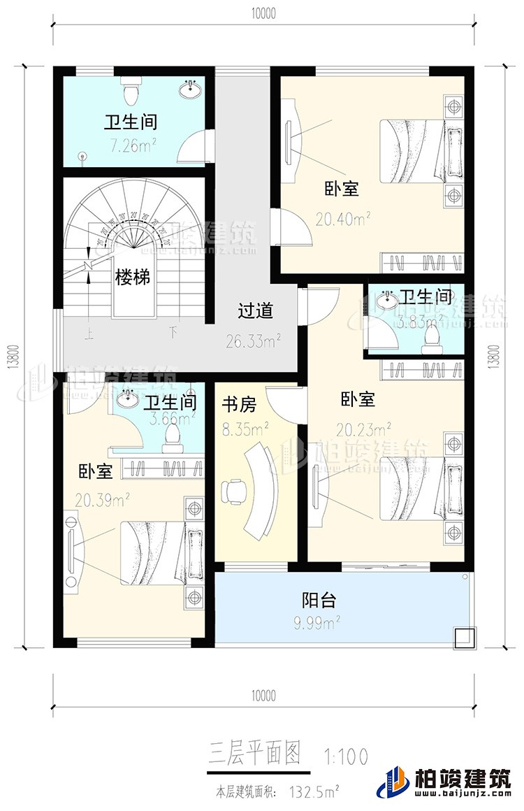 三層：3臥室，2內(nèi)衛(wèi)，公衛(wèi)，樓梯，書房，陽臺