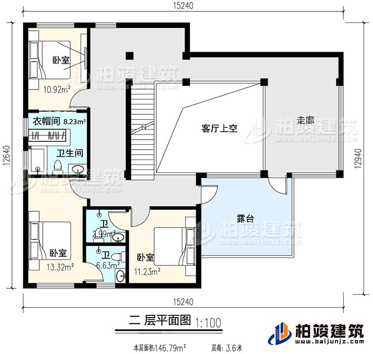 二層：3臥室，內衛，公衛，起居室，樓梯，陽臺，露臺，書房