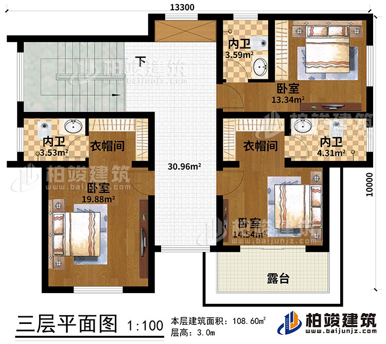 三層：3臥室、2衣帽間、3內(nèi)衛(wèi)、露臺(tái)