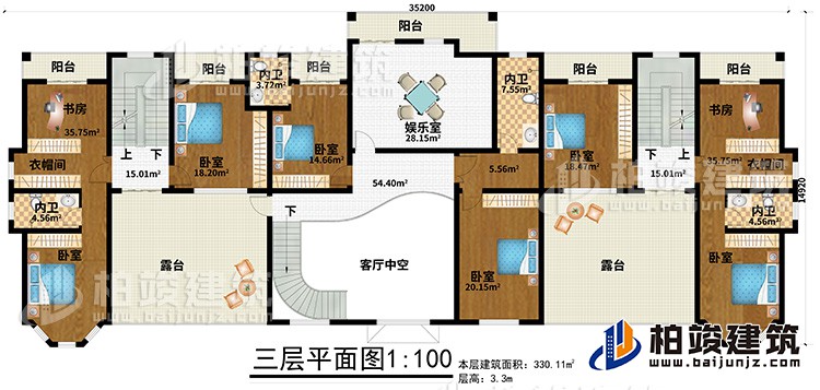 三層：6臥室、2衣帽間、2書房、4內(nèi)衛(wèi)、娛樂室、6陽臺、2露臺、客廳中空