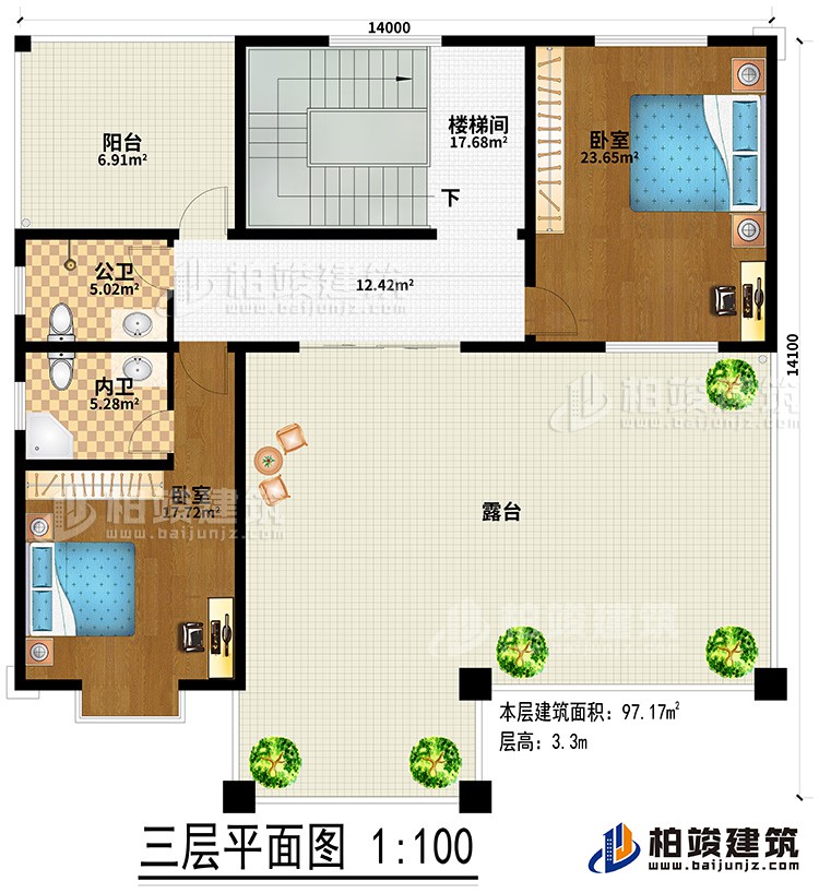 三層：2臥室、樓梯間、公衛(wèi)、內衛(wèi)、陽臺、露臺