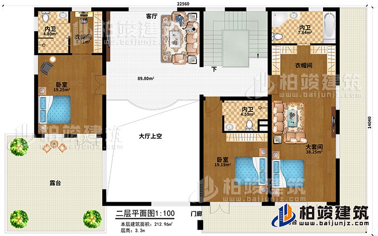 二層：客廳，大套間帶內衛和衣帽間，單間帶內衛，中套間帶內衛和衣帽間，2露臺，樓梯