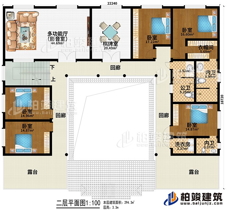 二層：多功能廳（影音室）、棋牌室、5臥室、衣帽間、公衛(wèi)、2內(nèi)衛(wèi)、洗衣房、3回廊、2露臺