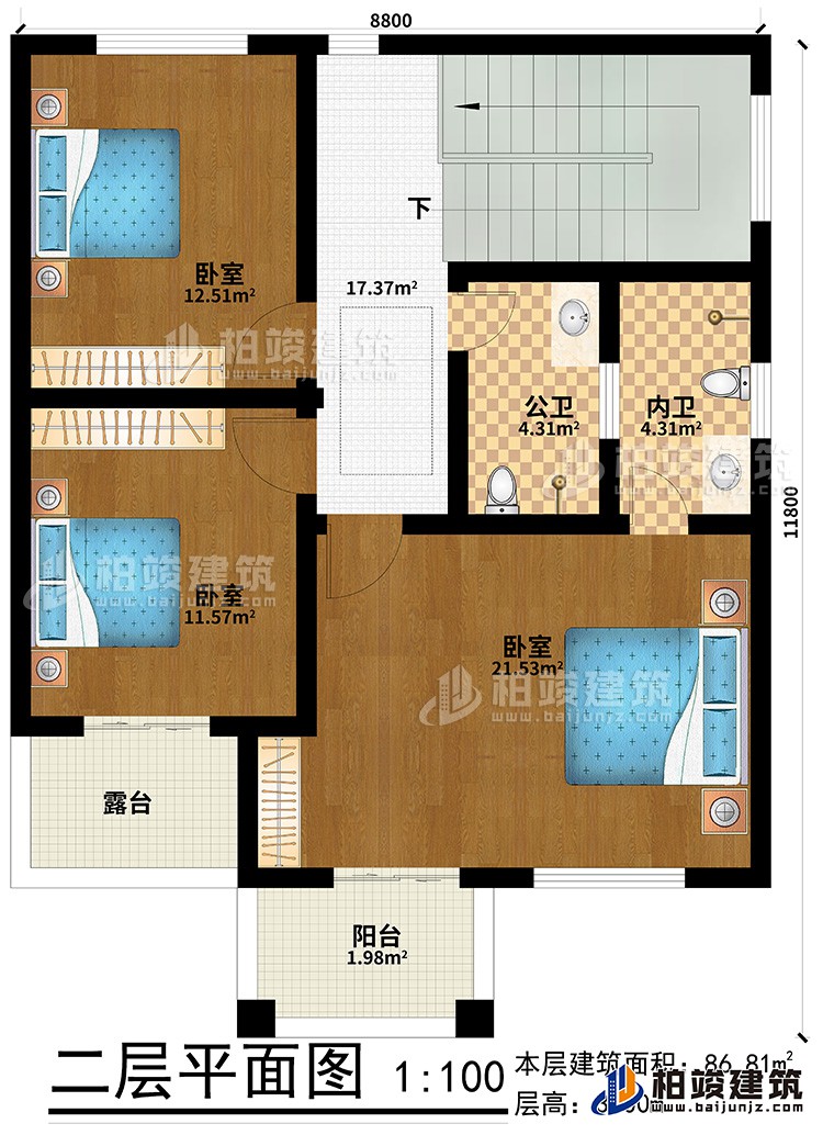 二層：3臥室、公衛、內衛、陽臺、露臺