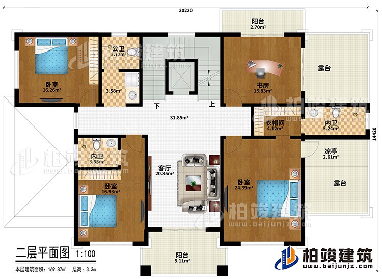 二層：3臥室、衣帽間、2內衛、公衛、客廳、書房、衣帽間、2陽臺、2露臺、涼亭