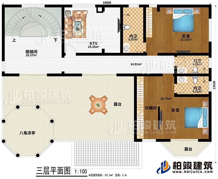 三層：樓梯間、KTV、2臥室、衣帽間、2內衛、公衛、2露臺、八角涼亭