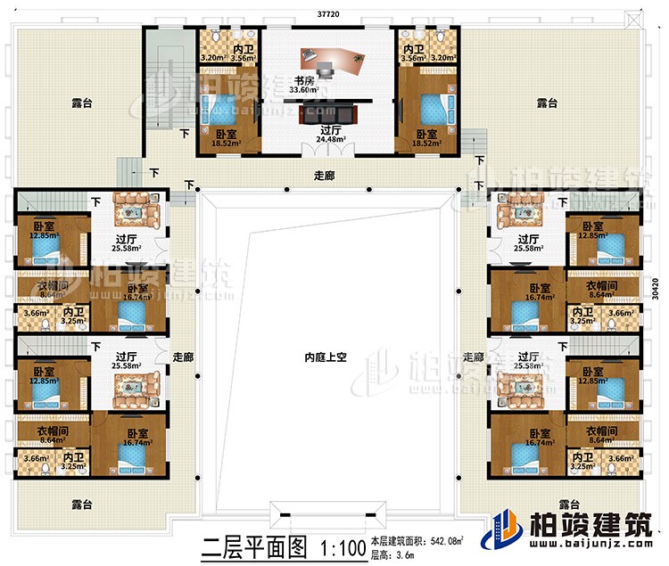 二層：內庭上空、5過廳、書房、3走廊、4露臺、10臥室、4衣帽間、6內衛