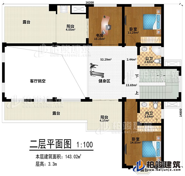 二層：健身區(qū)、客廳挑空、書房、2臥室、公衛(wèi)、內(nèi)衛(wèi)、2陽臺、3露臺