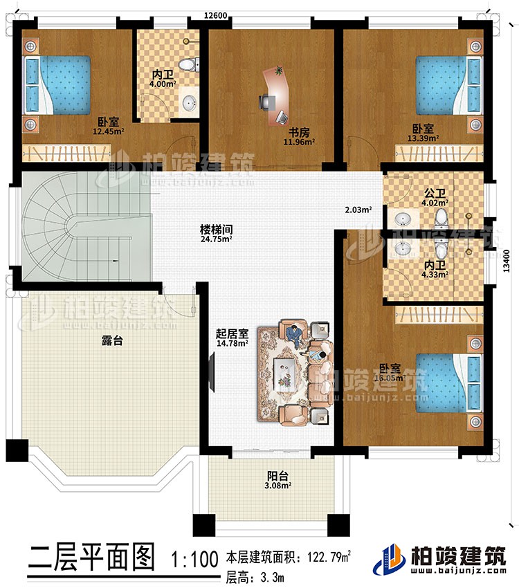 二層：樓梯間、起居室、3臥室、書房、2內衛、公衛、露臺、陽臺