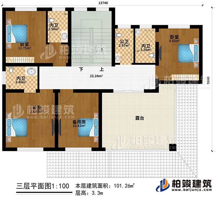 三層：3臥室、備用房、３內衛、公衛、露臺