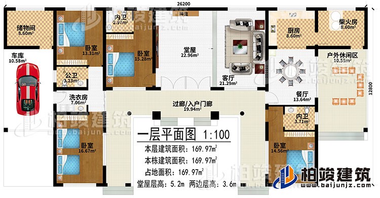 一層：過廊/入戶門廊、堂屋、神龕、客廳、餐廳、廚房、柴火房、戶外休閑區、儲物間、車庫、洗衣房、4臥室、2內衛、公衛