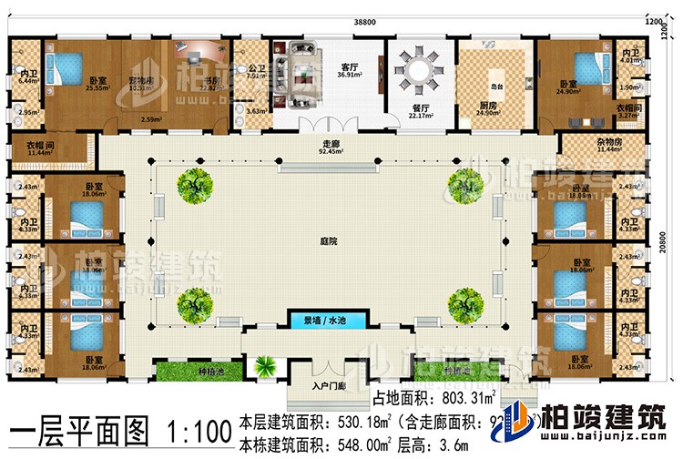 一層：入戶門廊、客廳、餐廳、廚房、8臥室、書房、2衣帽間、寵物間、雜物間、8內衛、公衛、2種植池、景墻/水池、庭院、走廊