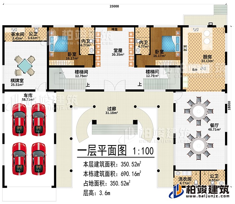 一層：過廊、堂屋、神龕、2樓梯間、廚房、餐廳、棋牌室、車庫、茶水間、2公衛(wèi)、洗衣房、2臥室、2內(nèi)衛(wèi)