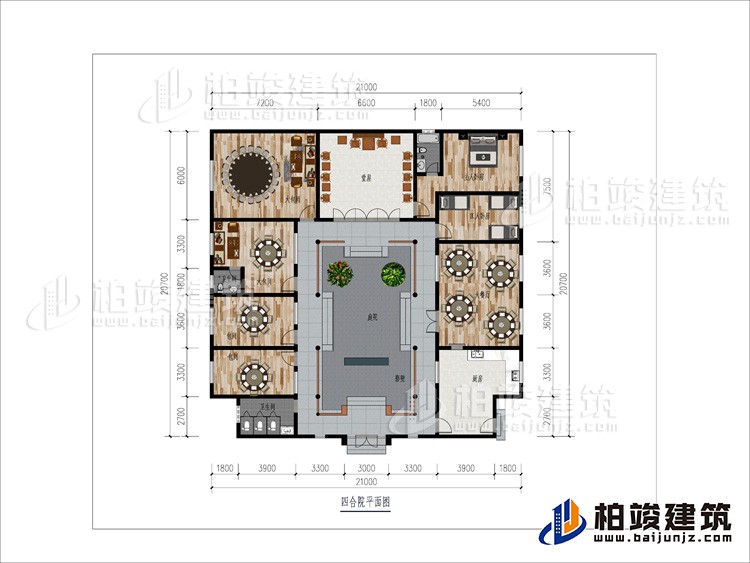 一層：大餐廳、2包間、2大餐廳、2內衛、堂屋、臥室、工人臥室、公衛、庭院、影壁墻