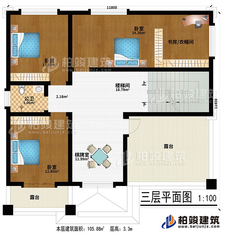 三層：棋牌室、樓梯間、3臥室、書房/衣帽間、公衛、2露臺