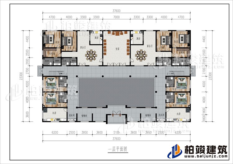 一層：2儲物間、2洗衣間、2灶房、8臥室、2衣帽間、2公衛(wèi)、6內(nèi)衛(wèi)、2廚房、2宴會廳、堂屋