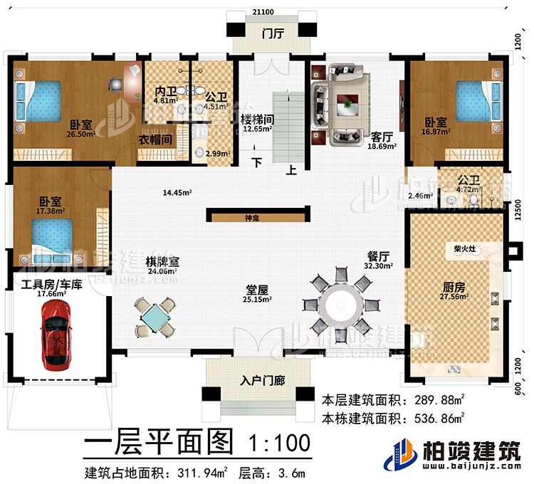 一層：入戶門廊、門廳、堂屋、神龕、棋牌室、餐廳、廚房、客廳、樓梯間、工具房/車庫、3臥室、衣帽間、內衛、2公衛