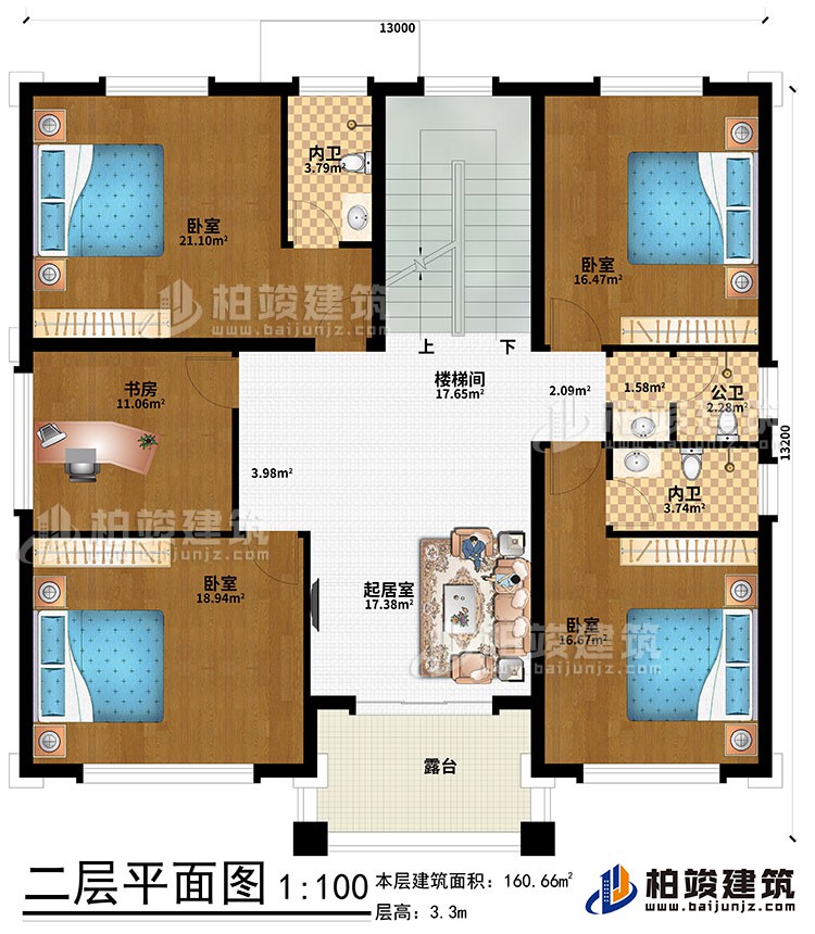 二層：起居室、樓梯間、4臥室、書房、公衛、內衛、露臺