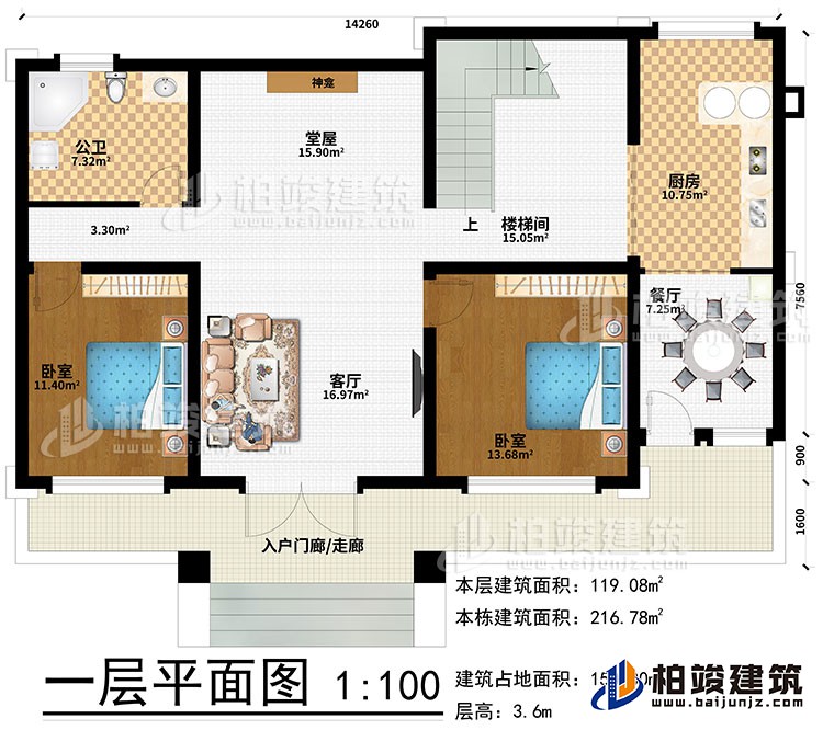 一層：入戶門廊/走廊、客廳、堂屋、神龕、樓梯間、廚房、餐廳、2臥室、公衛