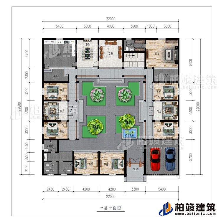 一層：廣亮大門、車庫、書房、公衛、7臥室、2客廳、餐廳、廚房、堂屋、2天井、內衛、荷花魚池