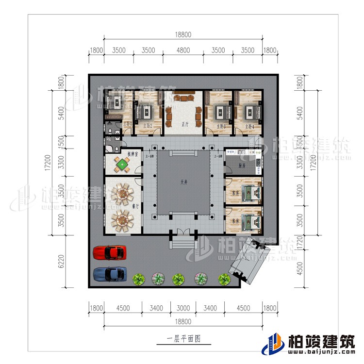 一層：車庫、餐廳、棋牌室、廚房、正廳、6臥室、公衛、內衛