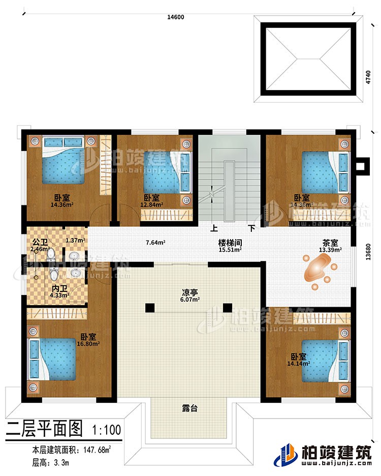二層：樓梯間、茶室、涼亭、5臥室、公衛(wèi)、內(nèi)衛(wèi)、露臺