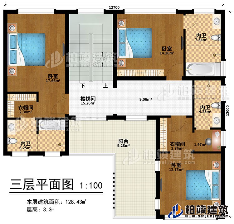 三層：樓梯間、3臥室、2衣帽間、3內(nèi)衛(wèi)、陽臺(tái)