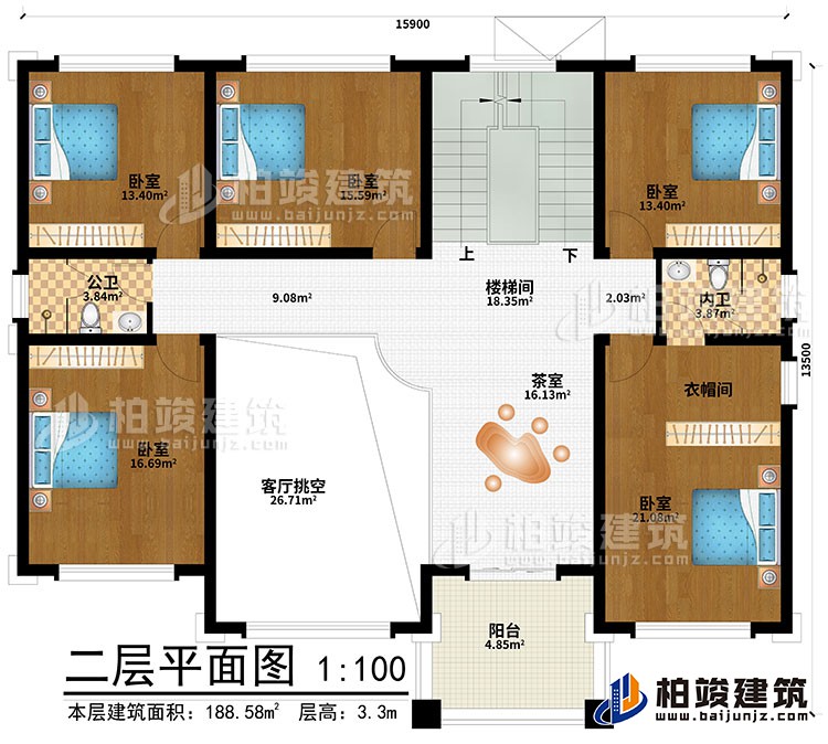 二層：客廳挑空、茶室、樓梯間、5臥室、衣帽間、內(nèi)衛(wèi)、公衛(wèi)、陽(yáng)臺(tái)