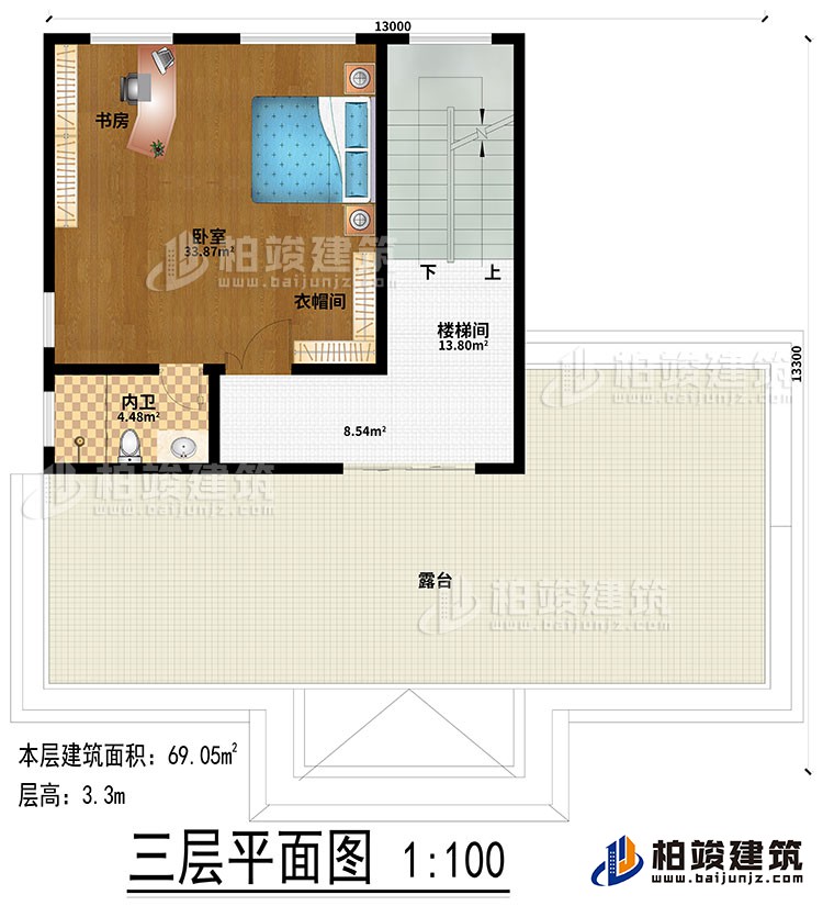 三層：樓梯間、臥室、衣帽間、內衛(wèi)、書房、露臺