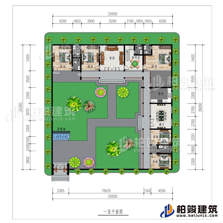 一層：影壁墻、花園、堂屋、廚房、餐廳、5臥室、2公衛、2內衛、麻將室