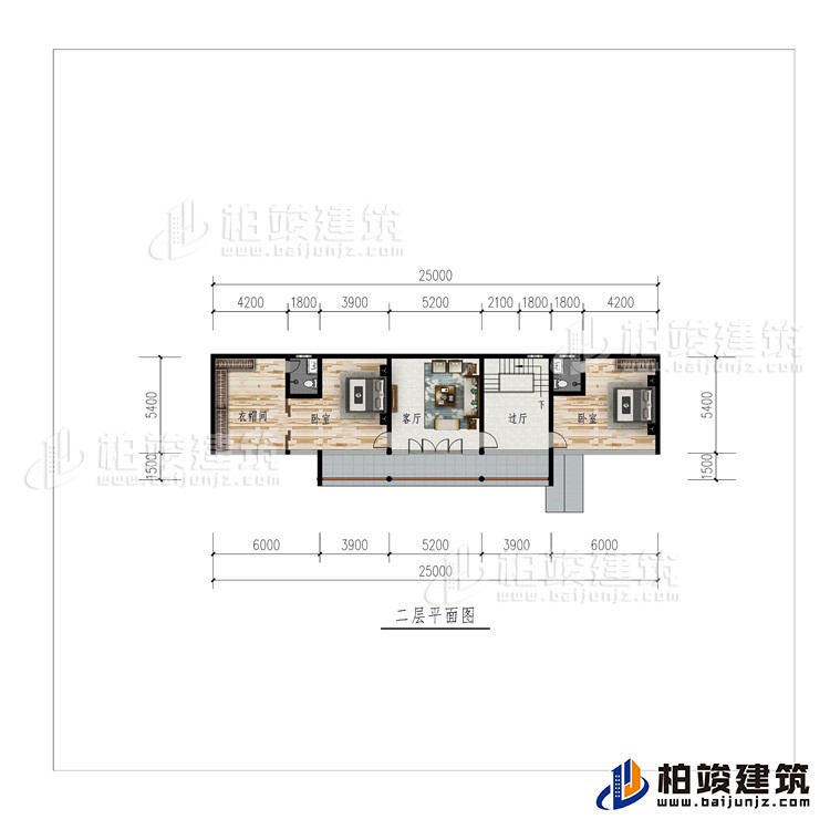 二層：過廳、客廳、衣帽間、2臥室