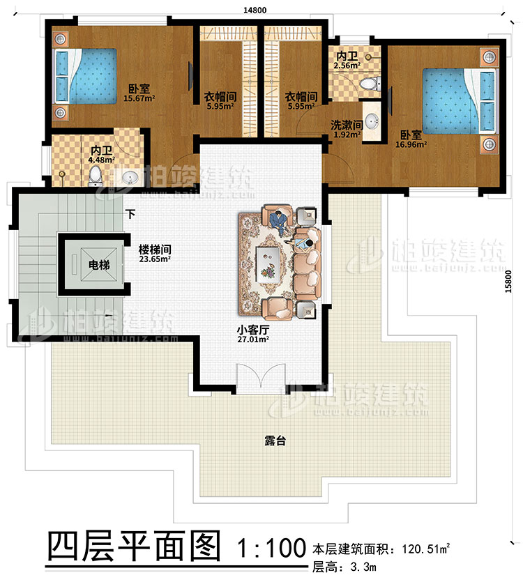 四層：2臥室、2衣帽間、2內(nèi)衛(wèi)、樓梯間、電梯、小客廳、露臺