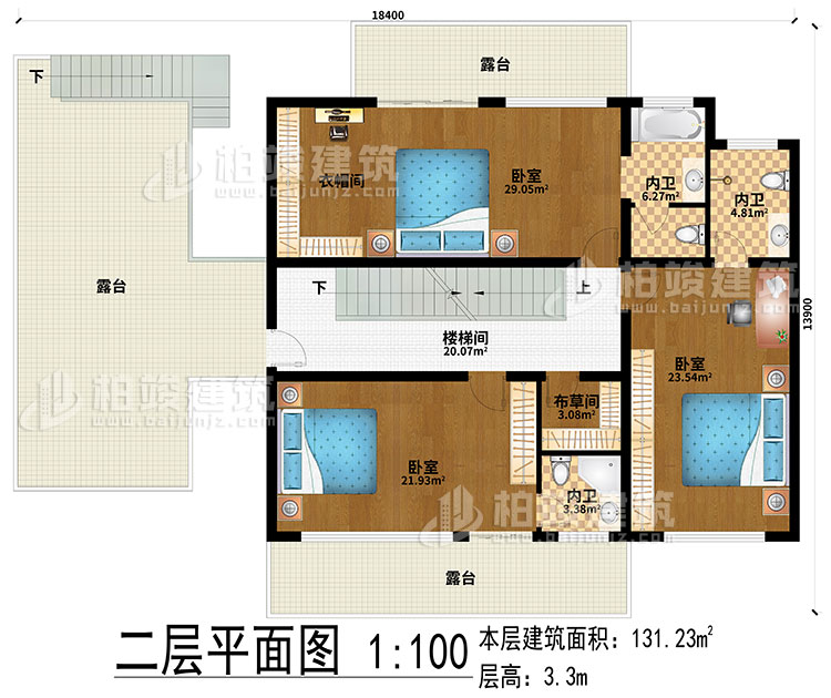 二層：樓梯間、3臥室、衣帽間、布草間、3內衛、3露臺