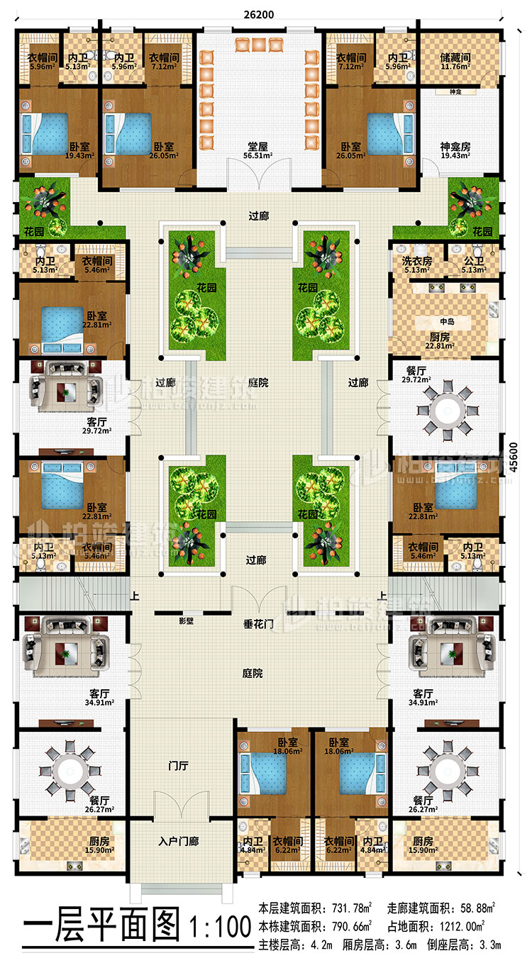 一層：入戶門廊、門廳、3餐廳、3廚房、3客廳、堂屋、神龕、神龕房、儲物間、6花園、4過廊、2庭院、影壁、垂花門、中島、洗衣房、公衛(wèi)、8臥室、8衣帽間、8內(nèi)衛(wèi)