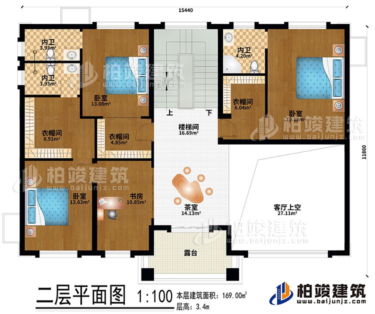 二層：茶室、樓梯間、客廳上空、3臥室、3衣帽間、書(shū)房、3內(nèi)衛(wèi)、露臺(tái)