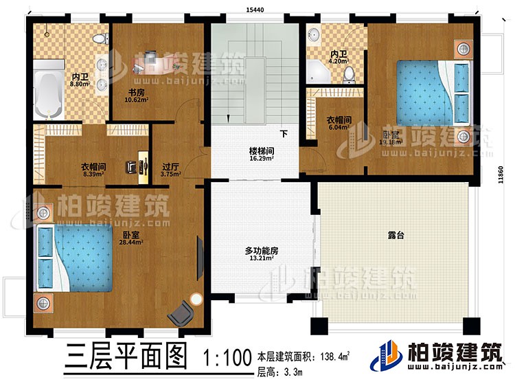 三層：2臥室、2衣帽間、過(guò)廳、書(shū)房、2內(nèi)衛(wèi)、多功能房、樓梯間、露臺(tái)
