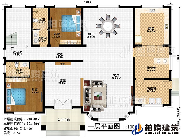 一層：入戶門廊、堂屋、神龕、客廳、餐廳、廚房、柴火房、2臥室、洗漱間、洗衣間、公衛(wèi)、內衛(wèi)、過道、樓梯間