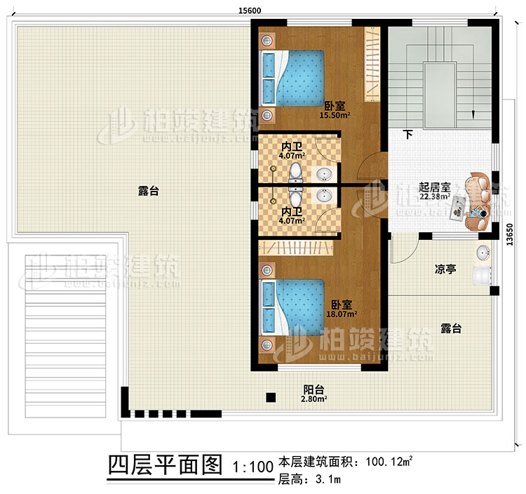 四層：起居室、2臥室、2內衛、涼亭、陽臺、2露臺