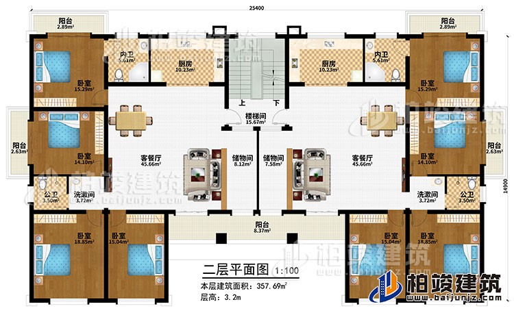 二層：樓梯間、2客餐廳、2儲物間、2廚房、8臥室、5陽臺、2內(nèi)衛(wèi)、2公衛(wèi)、2洗漱間