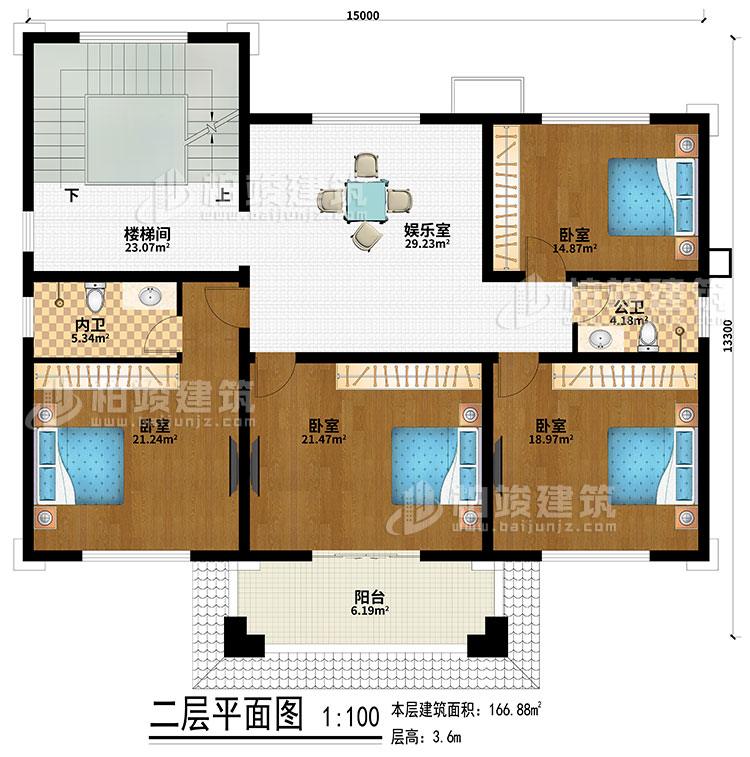 二層：樓梯間、娛樂室、4臥室、公衛(wèi)、內(nèi)衛(wèi)、陽臺(tái)