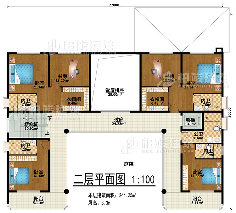 二層：堂屋挑空、過廊、樓梯間、電梯、4臥室、2衣帽間、2書房、4內(nèi)衛(wèi)、公衛(wèi)、2陽臺