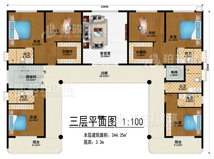 三層：影音室、過廊、樓梯間、電梯、4臥室、2衣帽間、2書房、4內(nèi)衛(wèi)、公衛(wèi)、2陽臺
