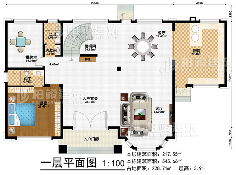 一層：樓梯間、3臥室、衣帽間、公衛、內衛、陽光房、涼亭、2露臺