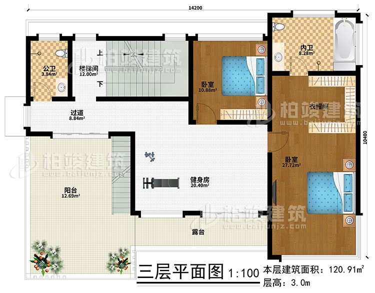 三層：健身房、樓梯間、2臥室、衣帽間、過道、公衛(wèi)、內(nèi)衛(wèi)、陽臺、露臺