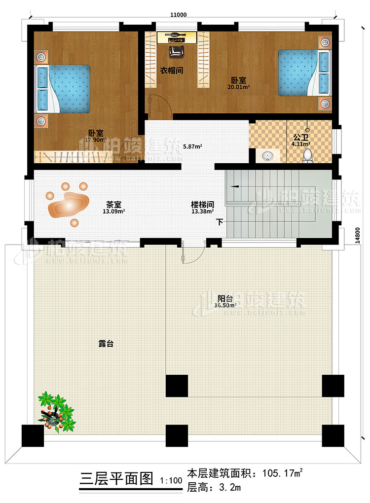 三層：2臥室、衣帽間、樓梯間、茶室、公衛(wèi)、陽臺、露臺