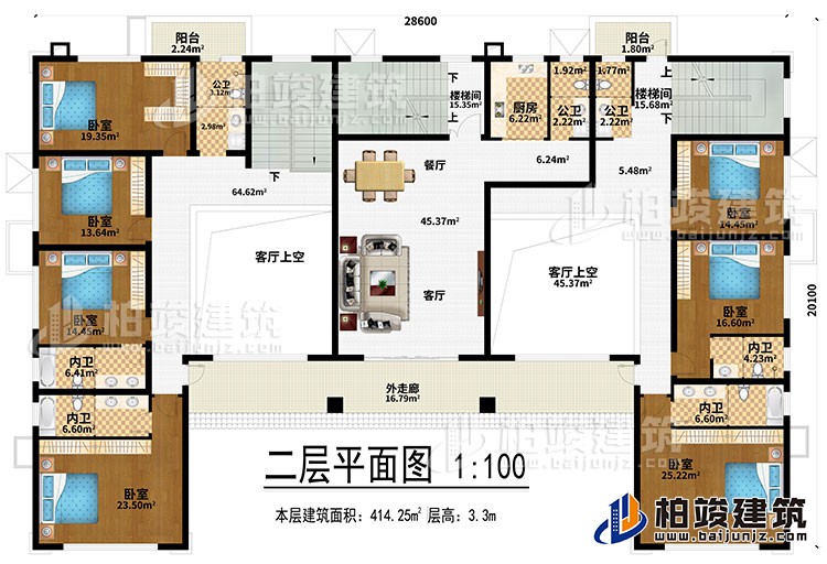 二層：客廳、餐廳、2樓梯間、2客廳上空、廚房、7臥室、2陽臺、3公衛、外走廊、4內衛