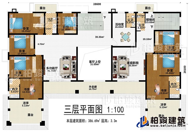 三層：多功能廳、客廳上空、家庭影院、6臥室、2書房、活動室、3公衛、2內衛、4露臺、2涼亭、外走廊、樓梯間